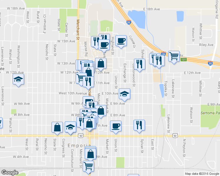 map of restaurants, bars, coffee shops, grocery stores, and more near 1014 Market Street in Emporia