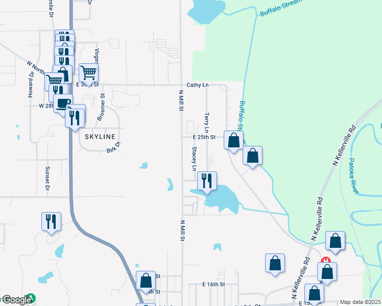 map of restaurants, bars, coffee shops, grocery stores, and more near 2409 Stacey Lane in Jasper