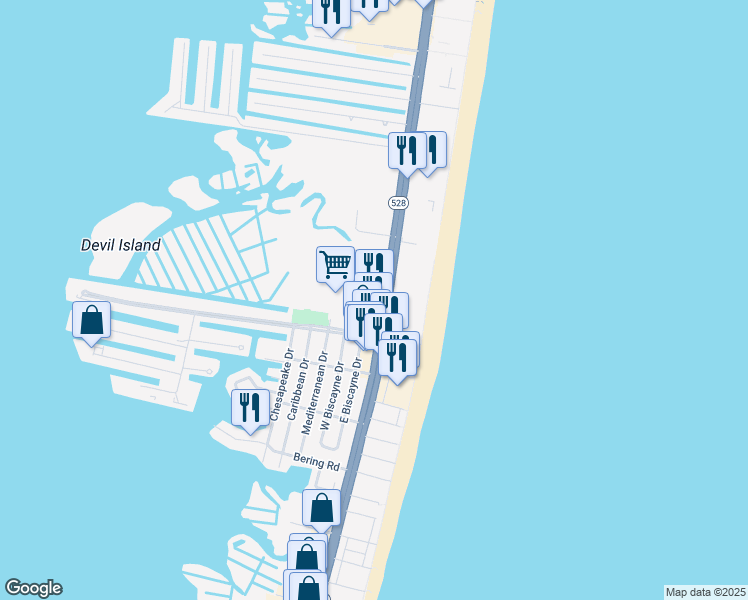 map of restaurants, bars, coffee shops, grocery stores, and more near 9405 Coastal Highway in Ocean City