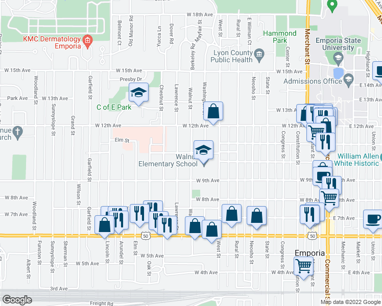 map of restaurants, bars, coffee shops, grocery stores, and more near 901 Grove Avenue in Emporia