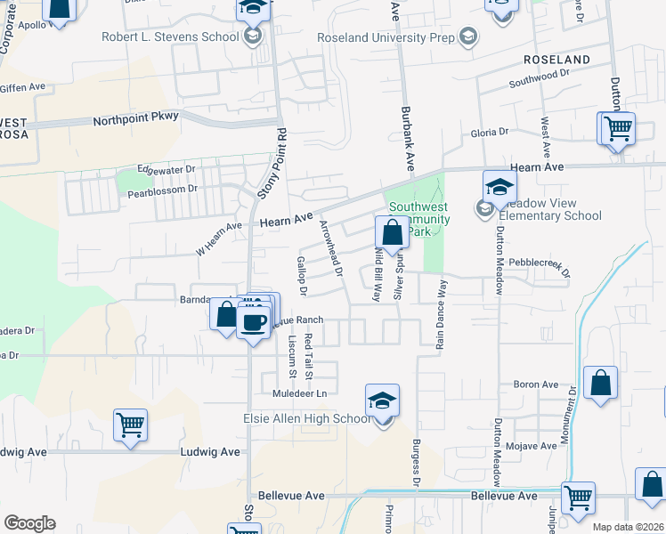 map of restaurants, bars, coffee shops, grocery stores, and more near 2625 Arrowhead Dr in Santa Rosa