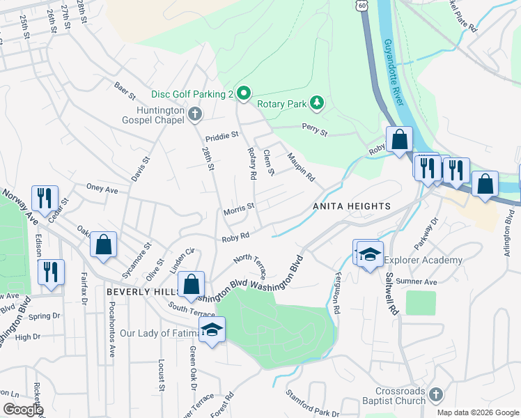 map of restaurants, bars, coffee shops, grocery stores, and more near 406 Rotary Rd in Huntington