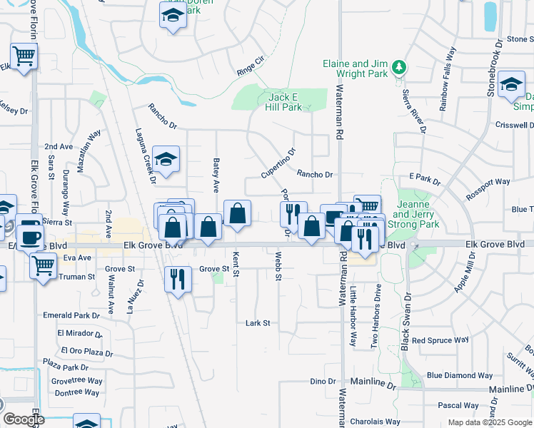 map of restaurants, bars, coffee shops, grocery stores, and more near 9208 Pacer Court in Elk Grove