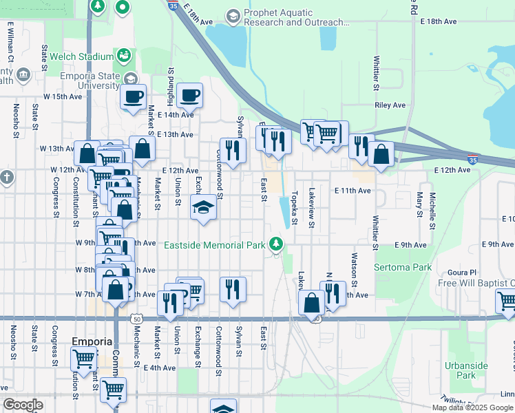 map of restaurants, bars, coffee shops, grocery stores, and more near 1011 East Street in Emporia