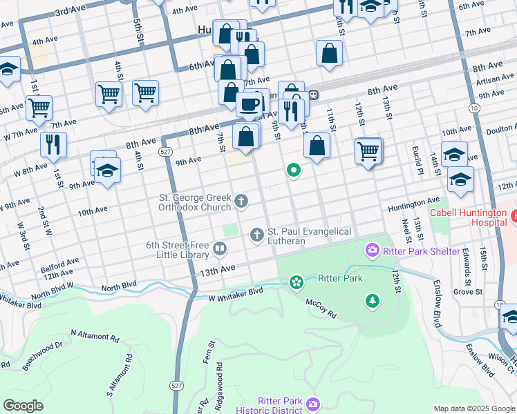 map of restaurants, bars, coffee shops, grocery stores, and more near 743 11th Avenue in Huntington