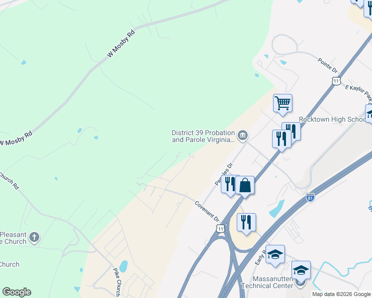 map of restaurants, bars, coffee shops, grocery stores, and more near 3129 Bethany Court in Harrisonburg