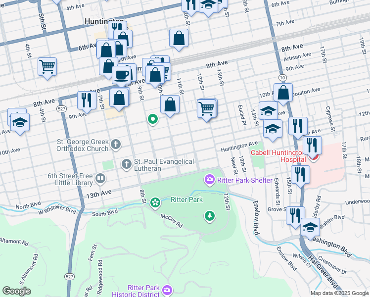 map of restaurants, bars, coffee shops, grocery stores, and more near 1018 12th Avenue in Huntington