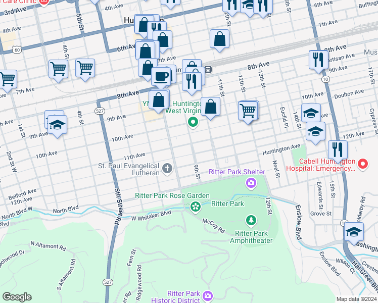map of restaurants, bars, coffee shops, grocery stores, and more near 1117 9th Street in Huntington