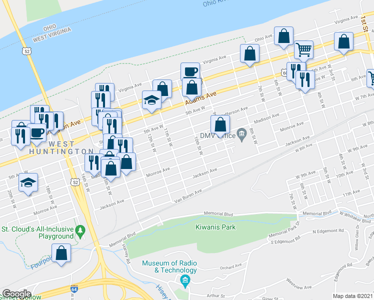 map of restaurants, bars, coffee shops, grocery stores, and more near 1037 1/2 Madison Avenue in Huntington