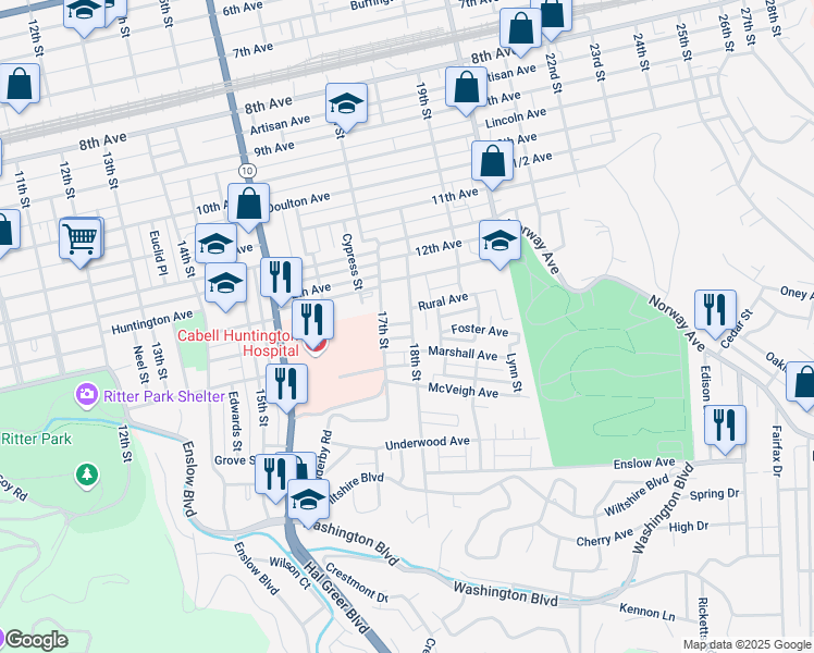 map of restaurants, bars, coffee shops, grocery stores, and more near 1315 18th Street in Huntington