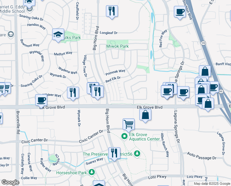 map of restaurants, bars, coffee shops, grocery stores, and more near 9562 Dominion Wood Lane in Elk Grove