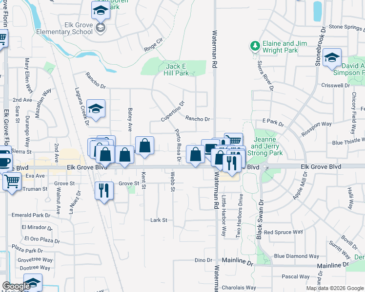 map of restaurants, bars, coffee shops, grocery stores, and more near 9557 Porto Rosa Dr in Elk Grove