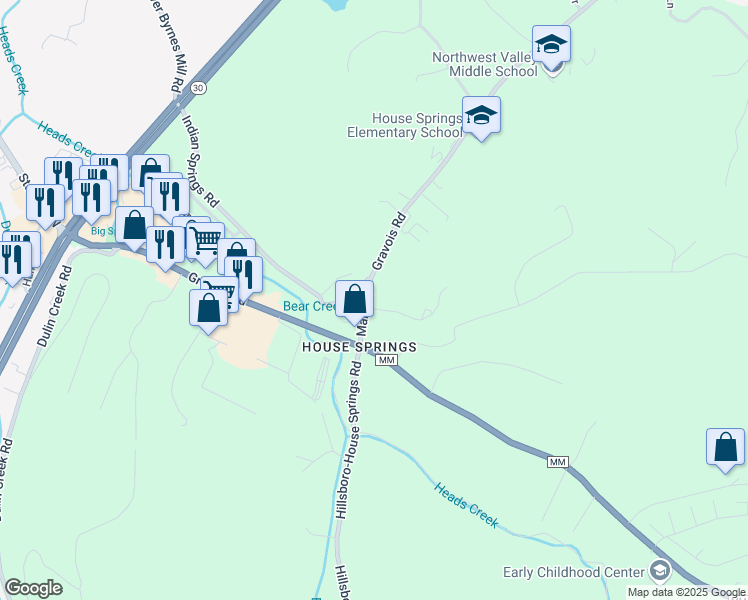 map of restaurants, bars, coffee shops, grocery stores, and more near 4566 Main Street in House Springs