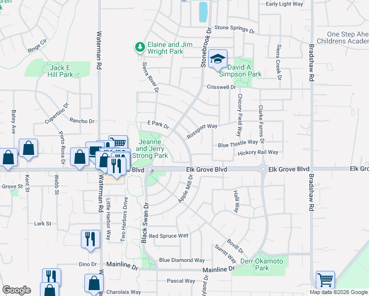 map of restaurants, bars, coffee shops, grocery stores, and more near 9562 East Park Drive in Elk Grove