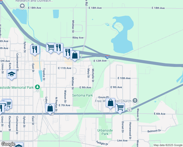 map of restaurants, bars, coffee shops, grocery stores, and more near 1308 East 10th Avenue in Emporia