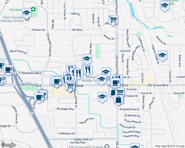 map of restaurants, bars, coffee shops, grocery stores, and more near 8861 Williamson Drive in Elk Grove
