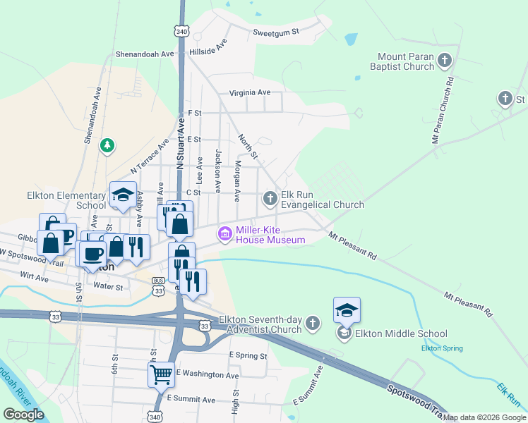 map of restaurants, bars, coffee shops, grocery stores, and more near 505 East Spotswood Avenue in Elkton