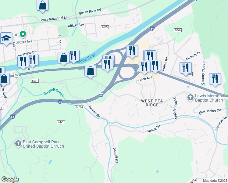 map of restaurants, bars, coffee shops, grocery stores, and more near 5098 West Pea Ridge Road in Huntington