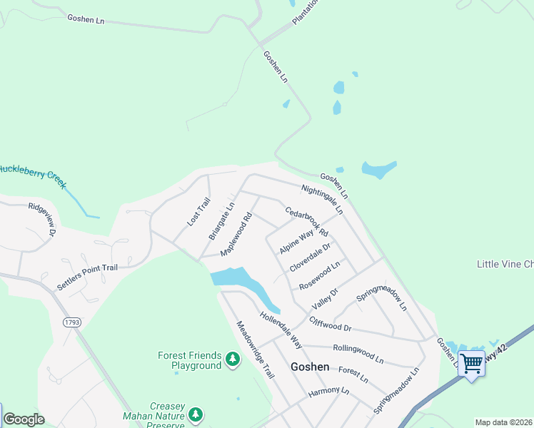 map of restaurants, bars, coffee shops, grocery stores, and more near 1405 Amanda Way in Goshen