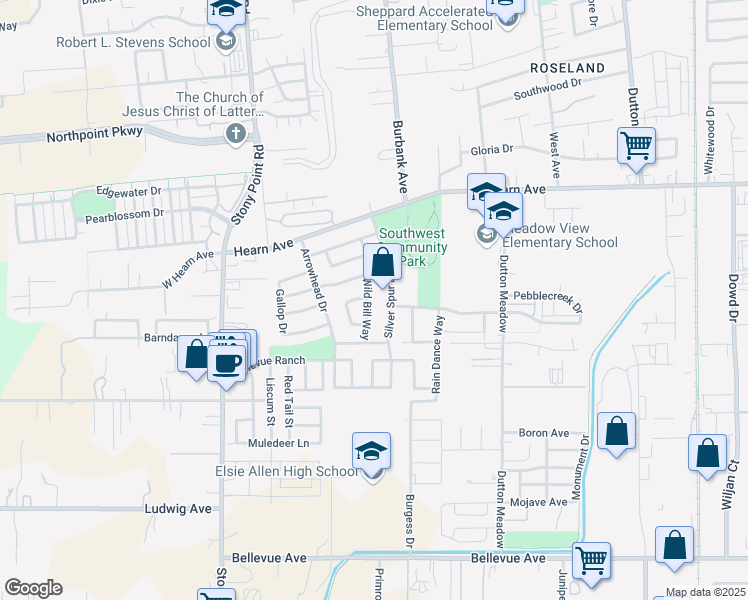 map of restaurants, bars, coffee shops, grocery stores, and more near 2632 Wild Bill Way in Santa Rosa
