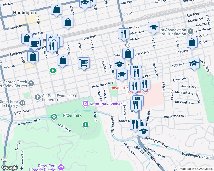 map of restaurants, bars, coffee shops, grocery stores, and more near 1313 Huntington Avenue in Huntington