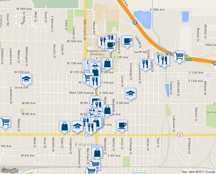 map of restaurants, bars, coffee shops, grocery stores, and more near 1018 Mechanic Street in Emporia