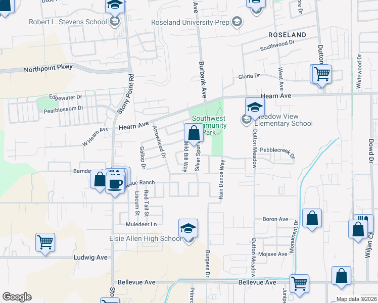 map of restaurants, bars, coffee shops, grocery stores, and more near 2632 Wild Bill Way in Santa Rosa