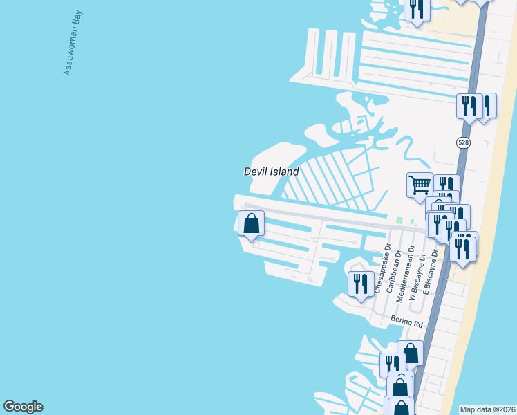 map of restaurants, bars, coffee shops, grocery stores, and more near 733 94th Street in Ocean City