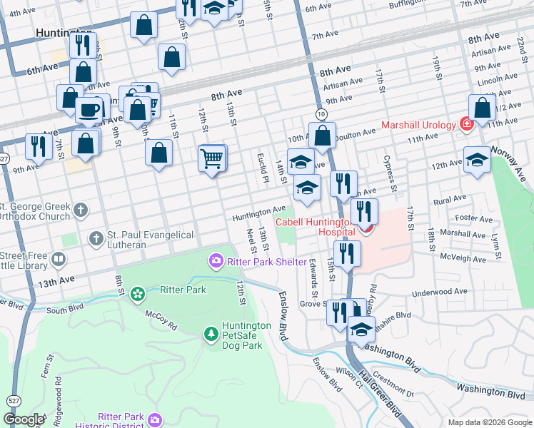 map of restaurants, bars, coffee shops, grocery stores, and more near 1313 Huntington Avenue in Huntington