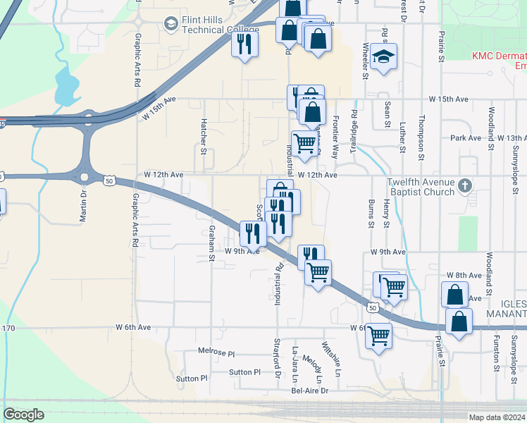 map of restaurants, bars, coffee shops, grocery stores, and more near 1010 Scott Street in Emporia