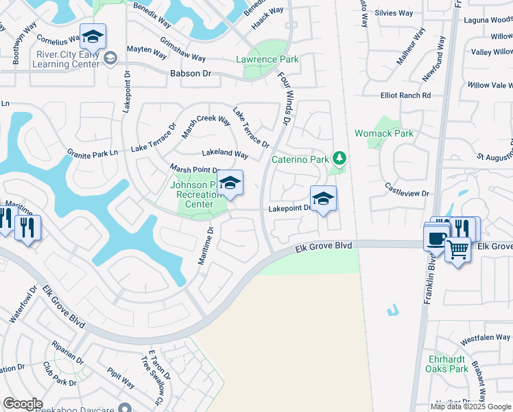 map of restaurants, bars, coffee shops, grocery stores, and more near 9673 Four Winds Drive in Elk Grove