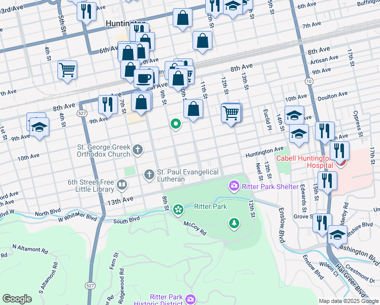 map of restaurants, bars, coffee shops, grocery stores, and more near 941R 11th Avenue in Huntington