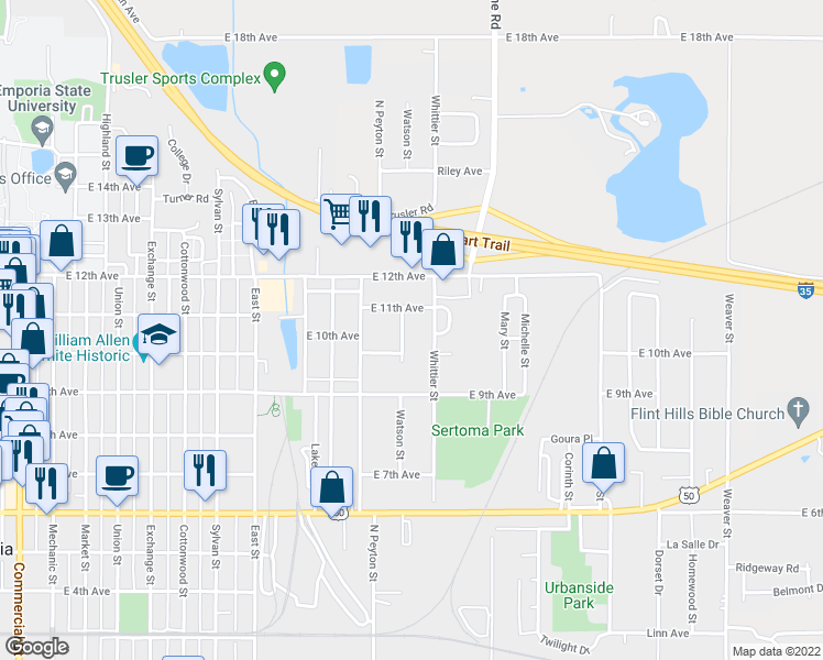 map of restaurants, bars, coffee shops, grocery stores, and more near 1008 Watson Street in Emporia