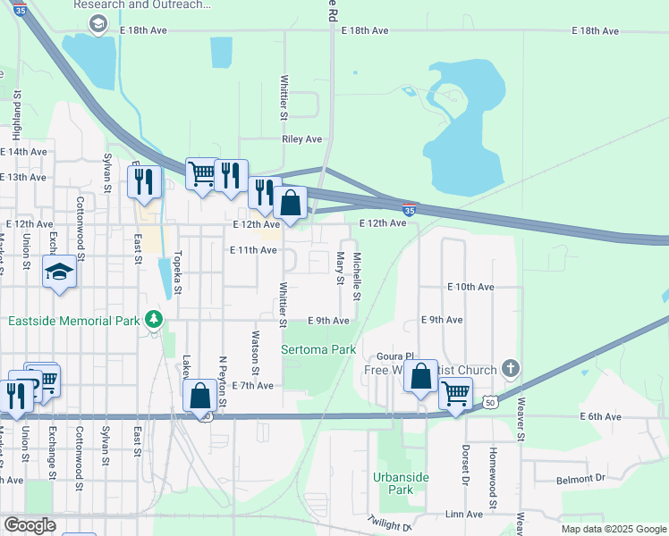 map of restaurants, bars, coffee shops, grocery stores, and more near 1007 Mary Street in Emporia