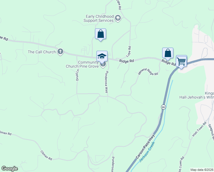 map of restaurants, bars, coffee shops, grocery stores, and more near 13900 Ponderosa Way in Pine Grove