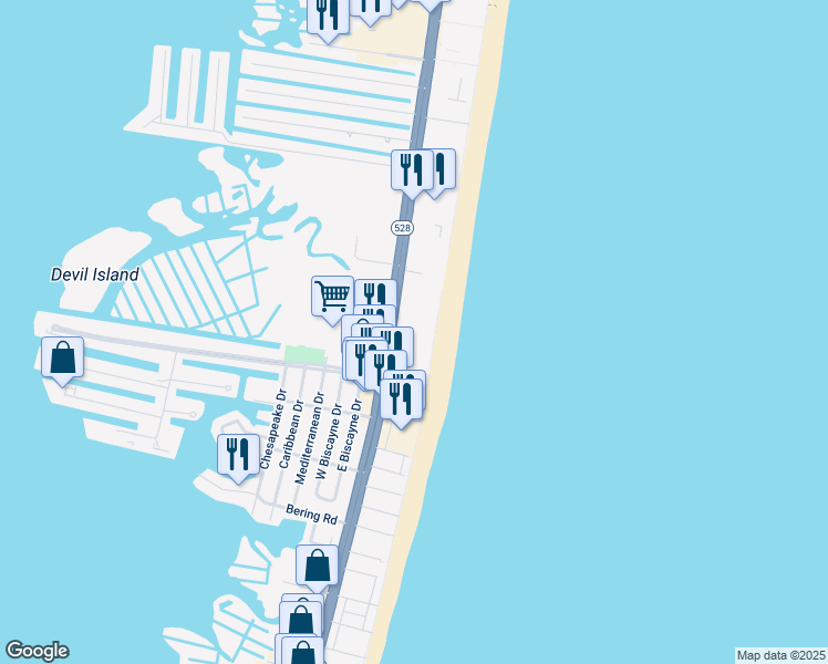 map of restaurants, bars, coffee shops, grocery stores, and more near 9500 Coastal Highway in Ocean City