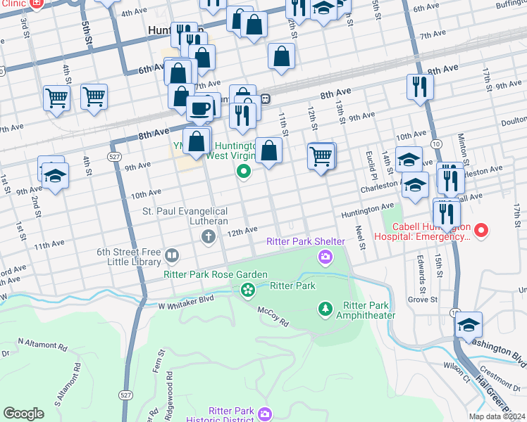 map of restaurants, bars, coffee shops, grocery stores, and more near 941R 11th Avenue in Huntington