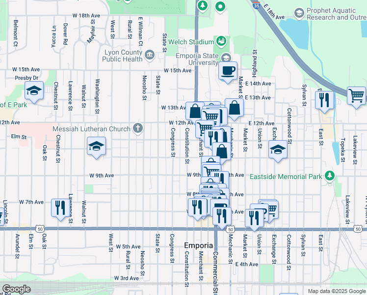 map of restaurants, bars, coffee shops, grocery stores, and more near 1020 Congress Street in Emporia