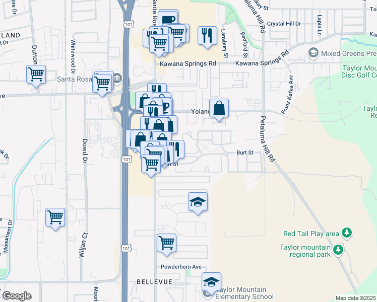 map of restaurants, bars, coffee shops, grocery stores, and more near 2301 Summercreek Drive in Santa Rosa