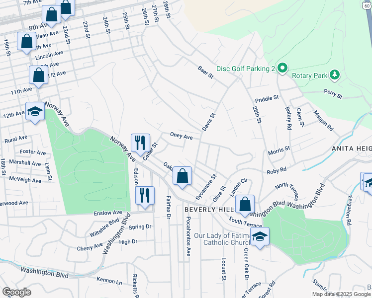map of restaurants, bars, coffee shops, grocery stores, and more near 132 Park Street in Huntington