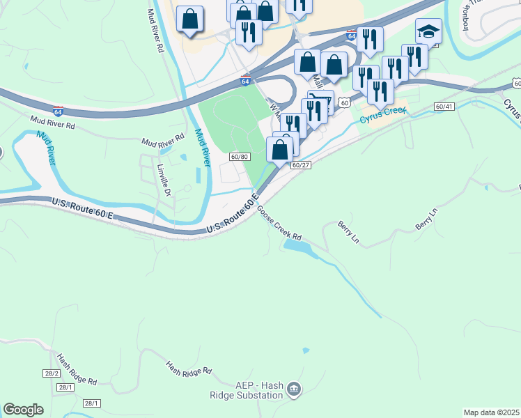 map of restaurants, bars, coffee shops, grocery stores, and more near 10 Goose Creek Road in Barboursville