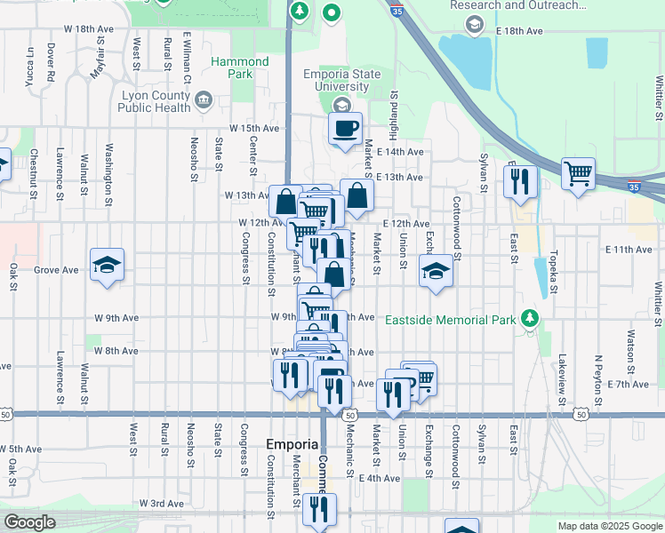 map of restaurants, bars, coffee shops, grocery stores, and more near 1018 Commercial Street in Emporia