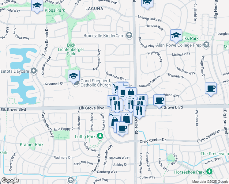 map of restaurants, bars, coffee shops, grocery stores, and more near 7000 Fox Cliff Way in Elk Grove