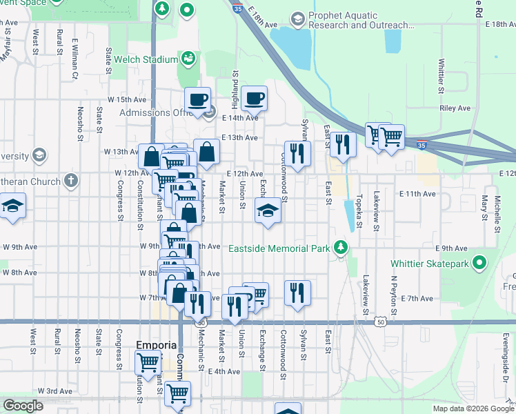map of restaurants, bars, coffee shops, grocery stores, and more near 1019 Exchange Street in Emporia