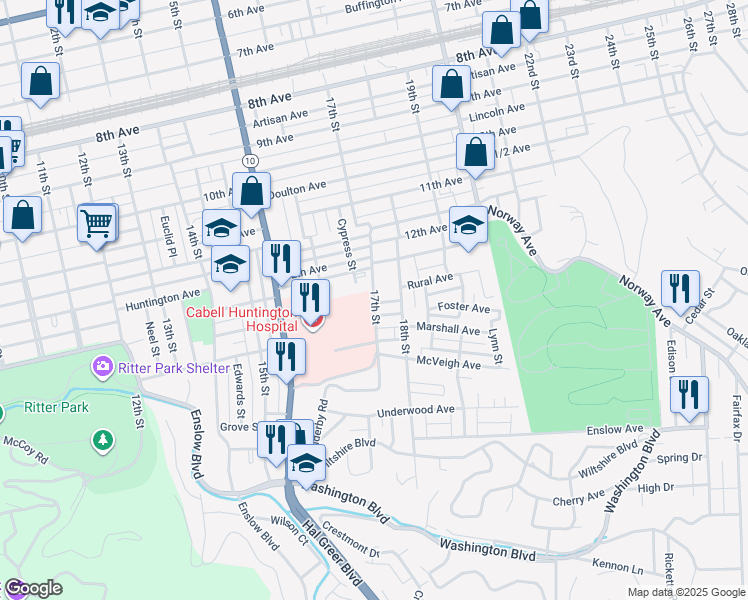 map of restaurants, bars, coffee shops, grocery stores, and more near 1323 17th Street in Huntington