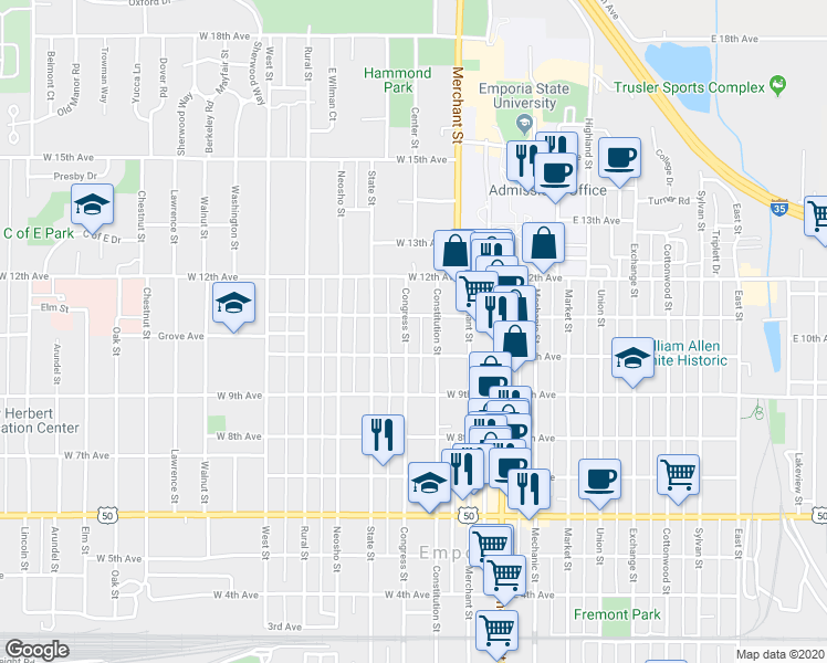 map of restaurants, bars, coffee shops, grocery stores, and more near 1020 Congress Street in Emporia