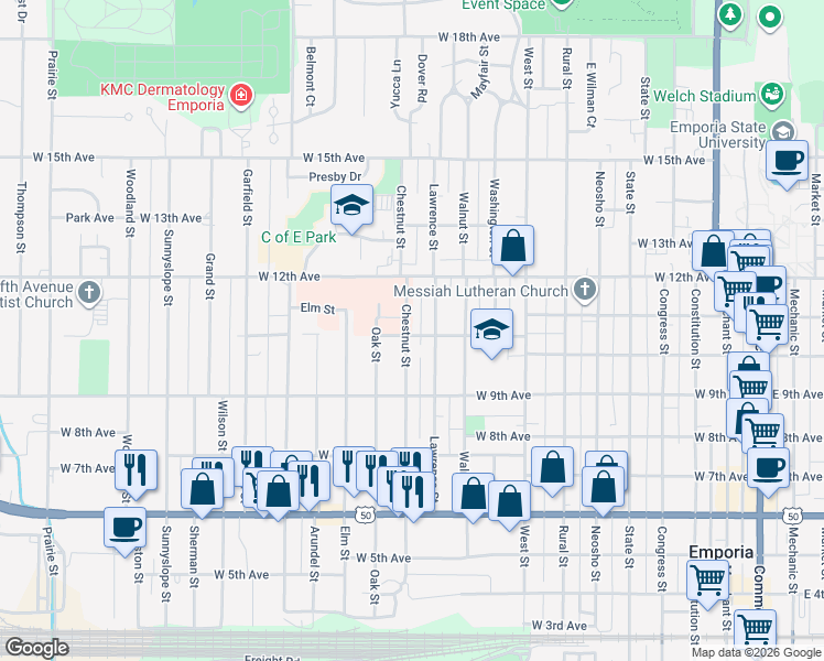 map of restaurants, bars, coffee shops, grocery stores, and more near 1010 Chestnut Street in Emporia
