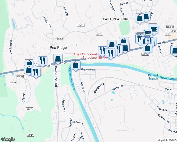 map of restaurants, bars, coffee shops, grocery stores, and more near 450 Riverview Drive in Barboursville