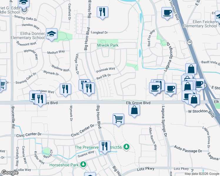 map of restaurants, bars, coffee shops, grocery stores, and more near 9562 Dominion Wood Lane in Elk Grove