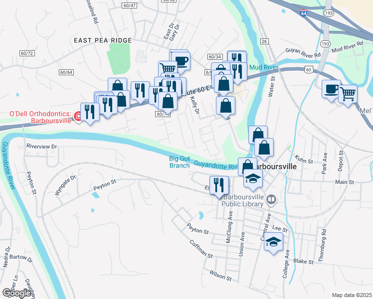 map of restaurants, bars, coffee shops, grocery stores, and more near 137 Miller Dr in Barboursville